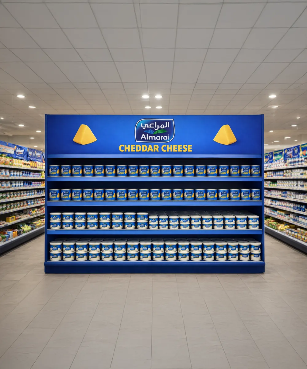 Almarai cheddar cheese in-store display unit in a supermarket aisle