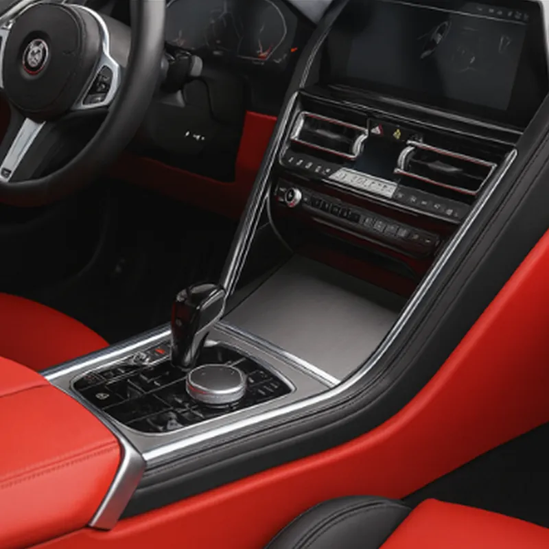 Car interior with red leather seats and center console