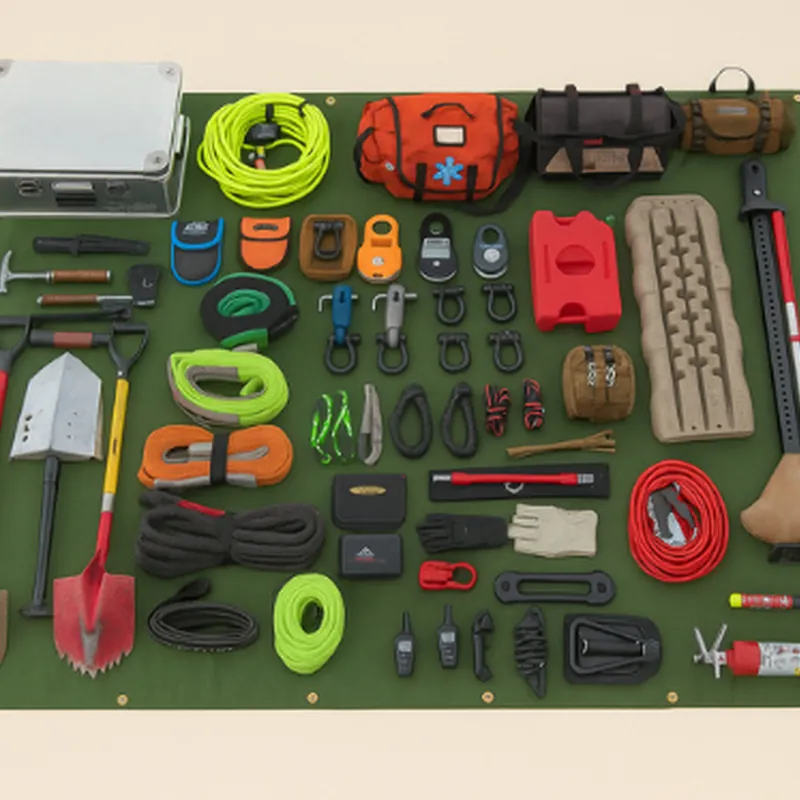 Flat lay of off-road recovery gear, straps, shovel and tools