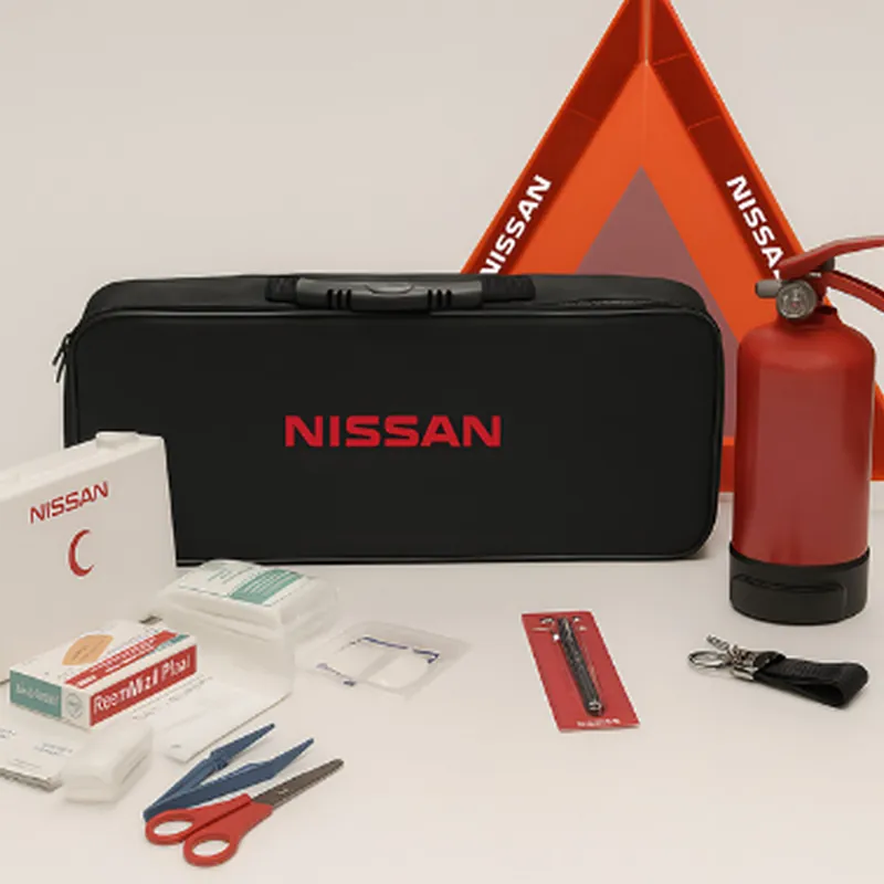 Branded car safety kit with warning triangle, fire extinguisher and first-aid items