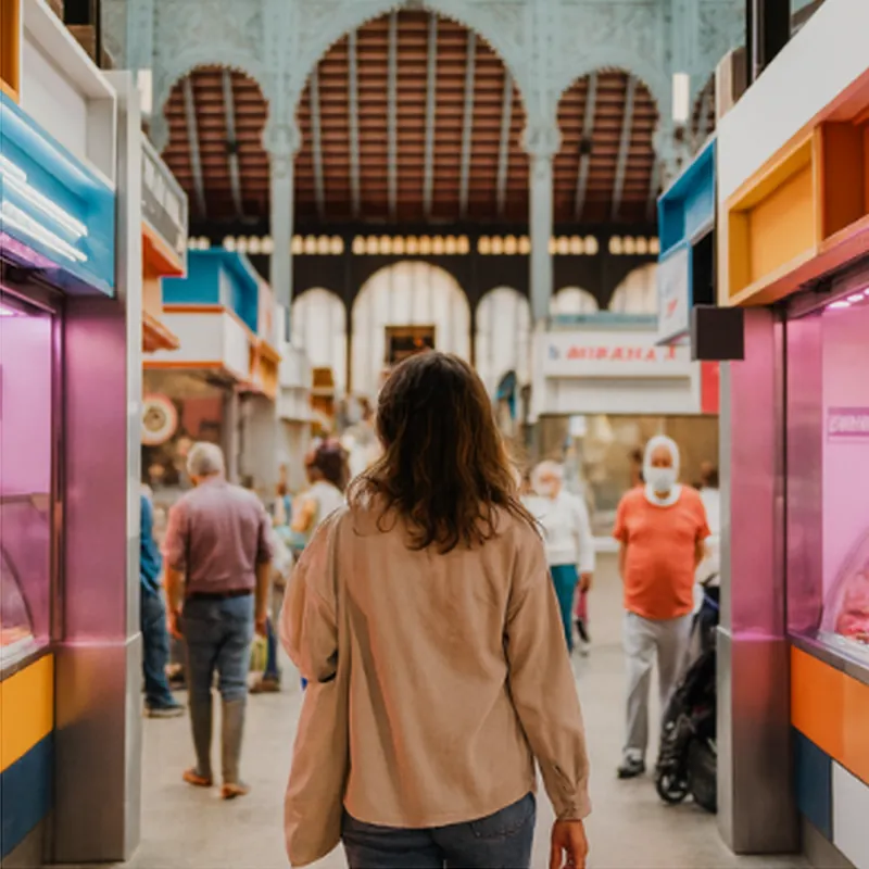 Shopper walking through a market hall lined with colorful retail booths