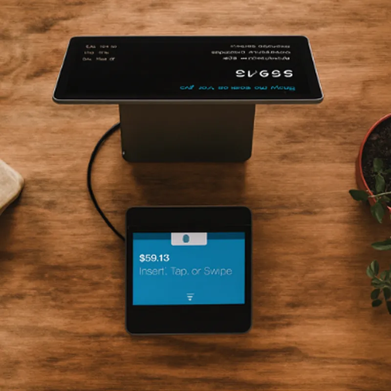 Point-of-sale display and card terminal on a wooden counter