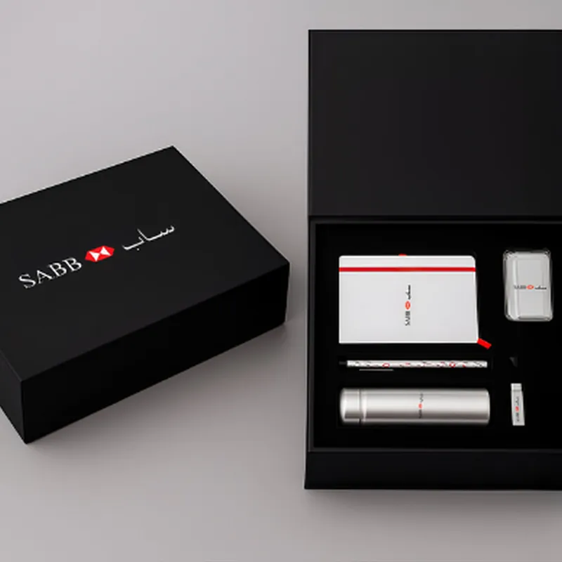 Black branded corporate gift box with notebook, pen and flask