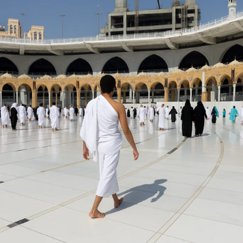 Pilgrim in ihram walking in the courtyard of the Grand Mosque